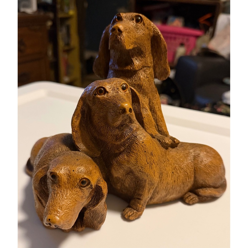 Vintage Dachshund Triple Dog Figurine Brown Resin Wood Look Weiner Dog Statue